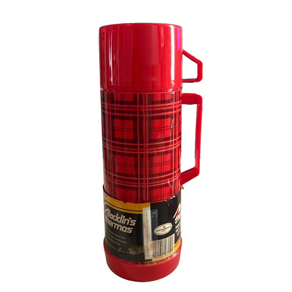 Aladdin Thermos Red Black Plaid Checkered 1 Quart Vintage Made USA NEW - Picture 3 of 10
